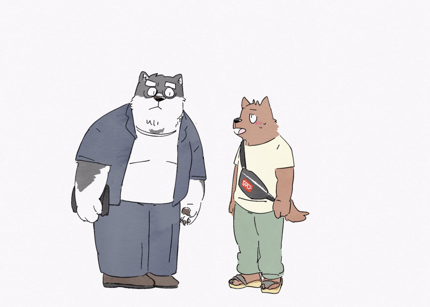 2022 anthro black_body black_nose blush bottomwear brown_body canid canine canis clothing domestic_dog duo eyewear glasses hi_res kemono male mammal overweight overweight_male pants pommn_mn shirt simple_background topwear white_body