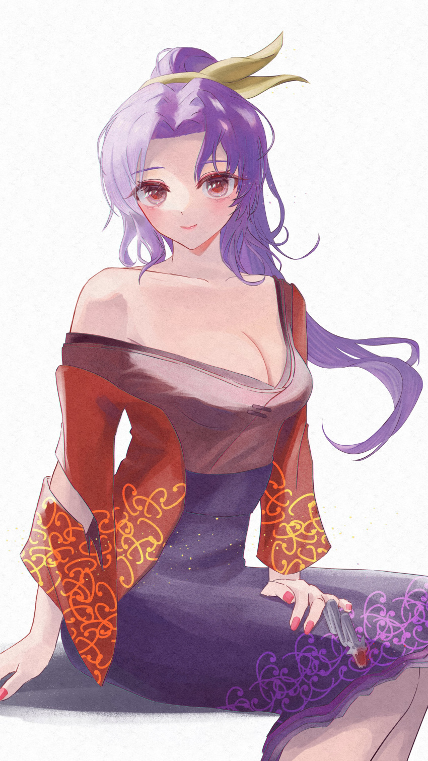 1girl absurdres bangs bare_shoulders breasts cleavage collarbone dress feet_out_of_frame highres komakusa_sannyo large_breasts light_smile long_hair long_sleeves looking_at_viewer m4_gun nail_polish off-shoulder_dress off_shoulder parted_bangs purple_hair purple_nails red_eyes red_nails simple_background sitting solo thighhighs touhou white_background wide_sleeves