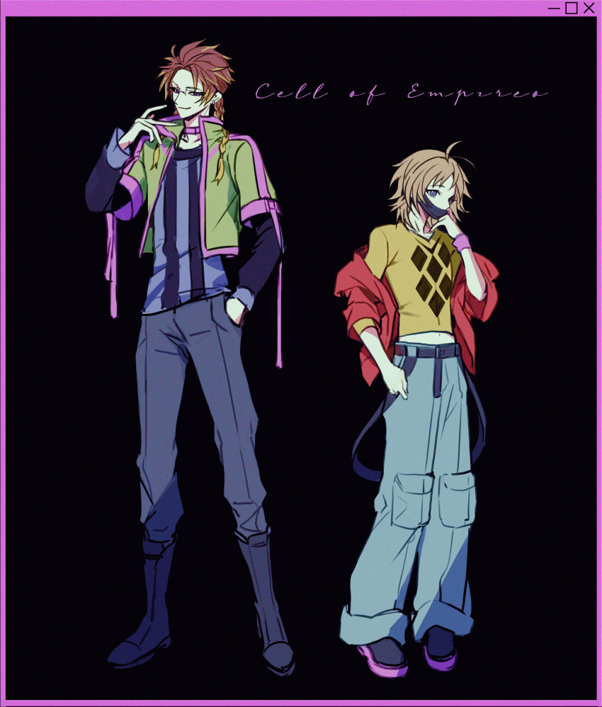 2boys absurdres belt blonde_hair blue_belt blue_pants blue_shirt boots braid choker closed_mouth copyright_name diamond_(shape) full_body glasses hajun_(hey_sangha) hand_up highres jacket korean_commentary light_brown_hair long_sleeves male_focus medium_hair miwa_teita multicolored_clothes multicolored_hair multicolored_jacket multiple_boys multiple_braids open_clothes open_jacket orie_rin pants pink_belt pink_choker pocket purple_eyes red_hair red_jacket saibou_shinkyoku shirt short_hair short_sleeves smile standing striped striped_shirt vertical-striped_shirt vertical_stripes yellow_shirt