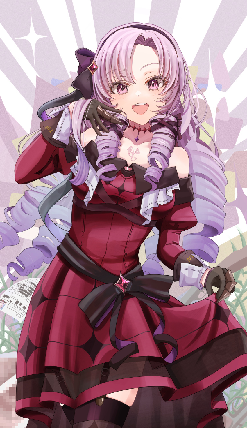 1girl absurdres bangs black_bow black_gloves black_hairband bow chest_tattoo claw_ring clothes_lift dress dress_lift drill_hair garter_straps gloves hair_bow hair_ribbon hairband highres hyakumantenbara_salome light_purple_hair long_hair long_sleeves looking_at_viewer musson nijisanji off-shoulder_dress off_shoulder parted_bangs puffy_long_sleeves puffy_sleeves purple_dress purple_eyes purple_ribbon ribbon sash scorpion_tattoo skindentation smile solo sparkle tattoo thighhighs very_long_hair virtual_youtuber