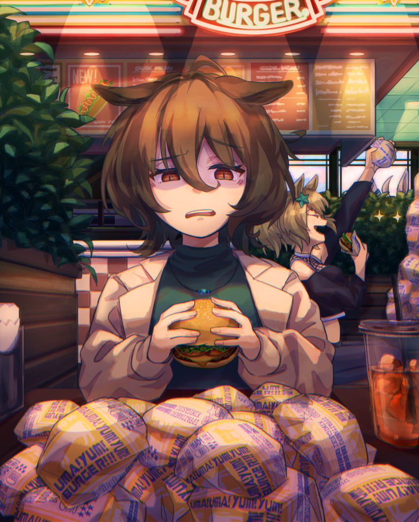 +_+ 2girls :d agnes_tachyon_(umamusume) ahoge alternate_costume animal_ears bangs brown_hair burger casual commentary_request cup disposable_cup drink drinking_straw ears_down food food_wrapper hair_between_eyes highres holding holding_food horse_ears horse_girl indoors jacket jewelry long_sleeves multiple_girls necklace open_mouth outstretched_arm puffy_sleeves raised_eyebrow red_eyes restaurant short_hair sign sitting smile solo_focus straight-on sweater taiki_shuttle_(umamusume) tenagaebi too_many turtleneck turtleneck_sweater umamusume upper_body wrapper