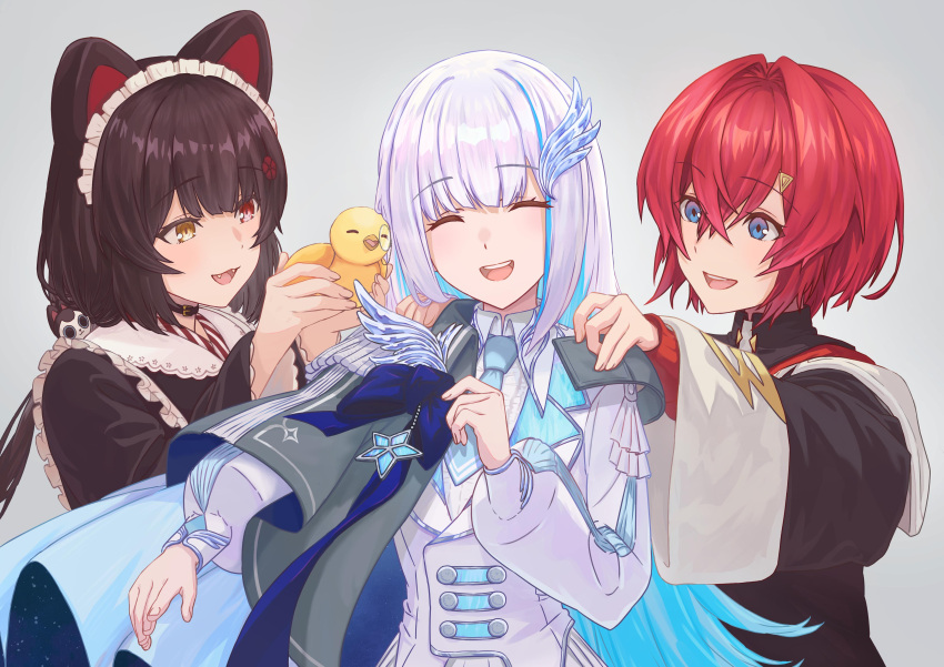 3girls :d absurdres ange_katrina animal animal_ears asada7101 bangs bird blue_eyes blue_hair blue_necktie blush brown_hair closed_eyes collared_shirt colored_inner_hair crossed_bangs dog_ears fangs grey_background grey_jacket hair_ornament heterochromia highres holding holding_animal holding_bird inui_toko jacket layered_sleeves lize_helesta long_hair long_sleeves looking_at_another maid_headdress multicolored_hair multiple_girls necktie nijisanji puffy_long_sleeves puffy_sleeves red_eyes red_hair sebastian_piyodore shirt short_hair simple_background smile two-tone_hair upper_body virtual_youtuber white_hair white_jacket wide_sleeves yellow_eyes