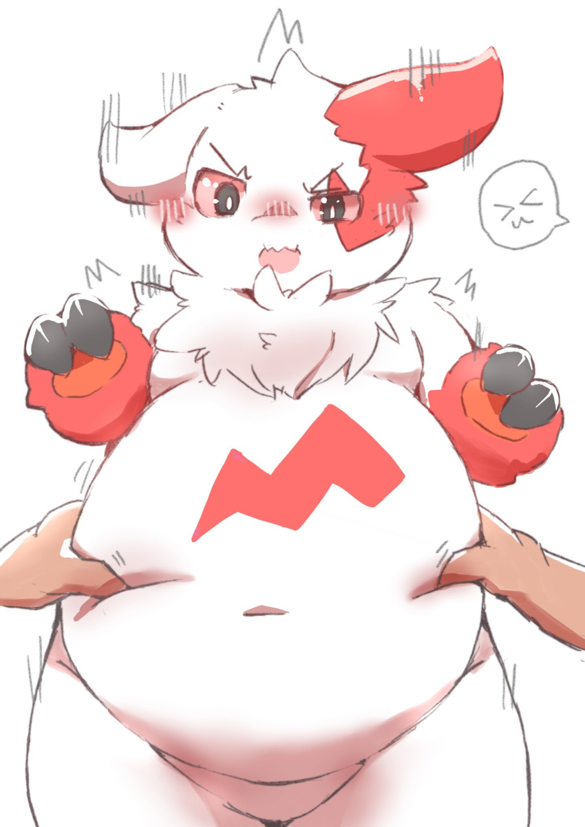 anthro belly belly_pinch blush claws cpon555 duo embarrassed fupa fur hi_res human mammal navel nintendo overweight pink_eyes pok&eacute;mon pok&eacute;mon_(species) simple_background squeezing video_games white_background white_body white_fur zangoose