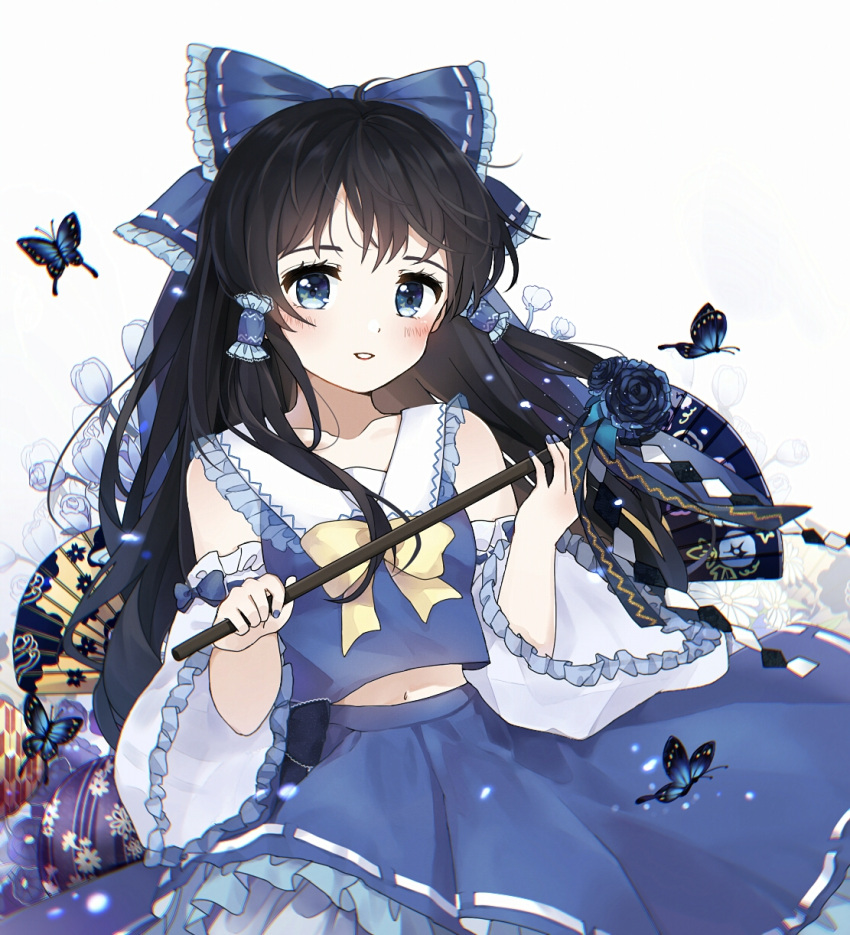 1girl alternate_color bangs bare_shoulders black_hair blue_bow blue_eyes blue_flower blue_skirt blue_vest blush bow bowtie breasts bug butterfly collared_vest commentary_request detached_sleeves eggplant_(dadamiao) eyelashes flower frilled_hair_tubes frilled_skirt frilled_sleeves frills gohei hair_tubes hakurei_reimu happy highres holding long_hair long_sleeves looking_at_viewer midriff navel parted_lips player_2 ribbon-trimmed_skirt ribbon_trim simple_background skirt small_breasts solo touhou vest white_background white_sleeves wide_sleeves yellow_bow yellow_bowtie