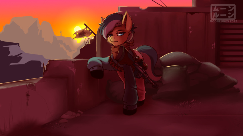 bandanna_on_neck bethesda_softworks blue_eyes bullet_hole clothing equid equine fallout feral flag gloves gun handwear hi_res horse male mammal moonrunes mountain ncr_ranger_(fallout) pony ranged_weapon rifle rubble sandbag scenery sniper_rifle solo sunset video_games weapon
