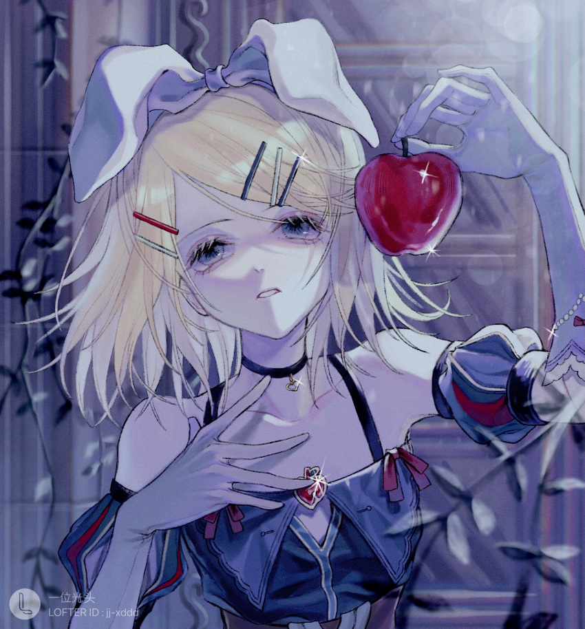 1350131_(pixiv) 1girl 25-ji_night_code_de._(project_sekai) absurdres apple bags_under_eyes bare_shoulders black_choker blonde_hair blue_dress blue_eyes choker collarbone colored_eyelashes detached_sleeves dress elbow_gloves empty_eyes flat_chest food frilled_gloves frills fruit fruit_brooch gem gloves hair_ornament hairclip hand_on_own_chest heart heart_choker highres holding holding_food holding_fruit kagamine_rin lens_flare pale_skin parted_lips pearl_(gemstone) pillar plant project_sekai red_apple skinny snow_white solo sparkle stone_wall tareme vines vocaloid wall