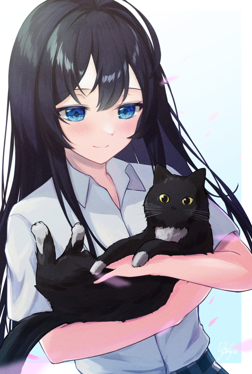 1girl animal bangs black_hair blue_eyes cat closed_mouth collared_shirt commentary_request hair_between_eyes highres holding holding_animal holding_cat ichijo_kazuya long_hair looking_at_animal looking_at_another looking_at_viewer plaid plaid_skirt school_uniform shirt short_sleeves sidelocks skirt smile sobu_high_school_uniform upper_body white_shirt yahari_ore_no_seishun_lovecome_wa_machigatteiru. yukinoshita_yukino