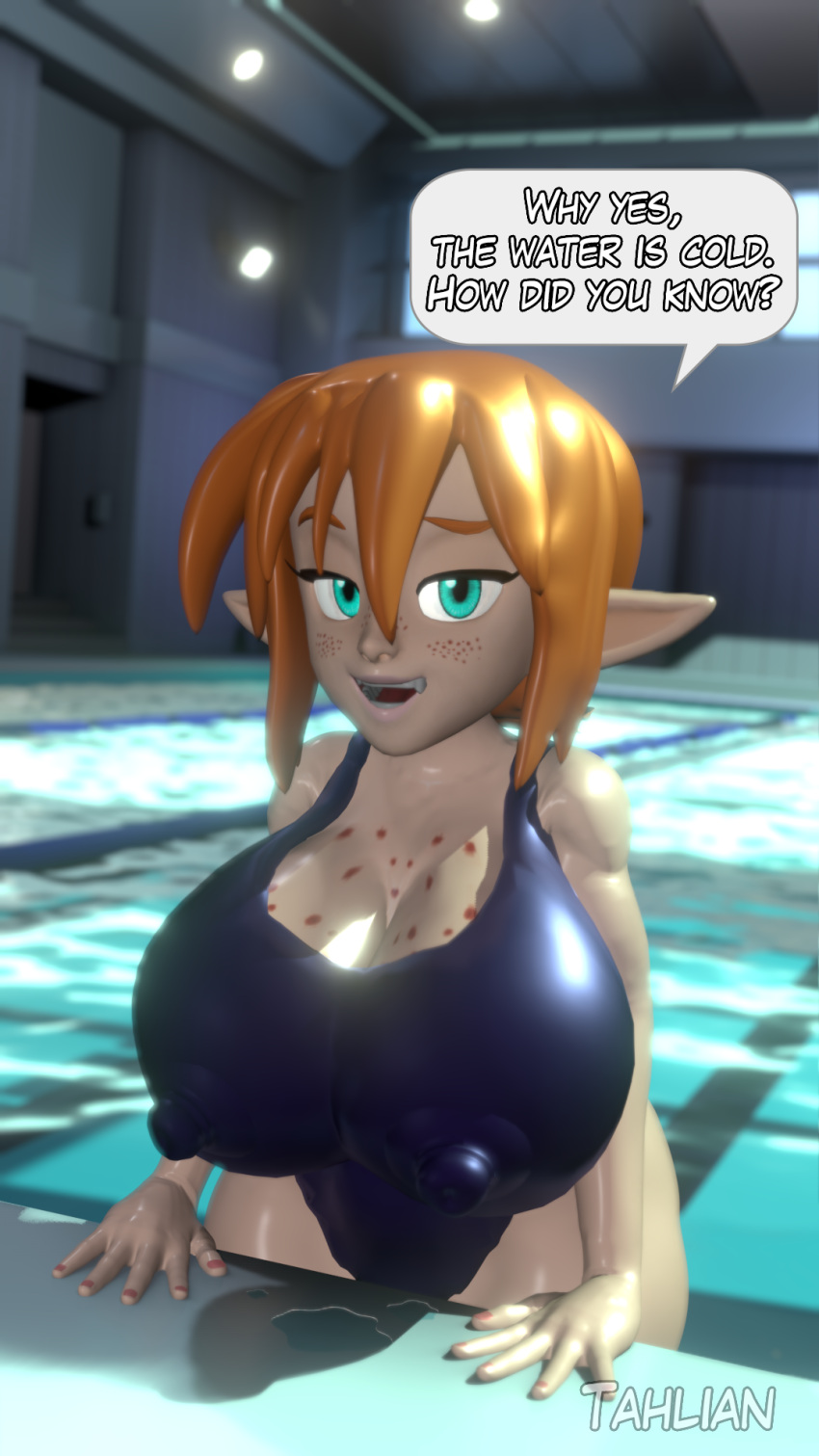 2020 3d_(artwork) artist_name big_breasts blender_(software) breasts cleavage clothed clothing curvaceous curvy_figure detailed_background dialogue digital_media_(artwork) elf english_text erect_nipples eyelashes felicia_(tahlian) female fingers freckles freckles_on_breasts hair hi_res hourglass_figure huge_breasts humanoid humanoid_pointy_ears inside light-skinned_female light_body light_skin looking_at_viewer mammal nipple_outline nipples not_furry one-piece_swimsuit orange_hair short_hair short_stack small_waist smile solo swimming_pool swimwear tahlian talking_to_viewer teal_eyes teeth text thick_thighs voluptuous water watermark wet wide_hips