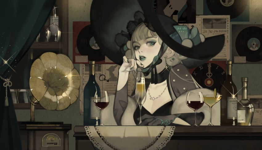 1girl alcohol bangs bead_necklace beads black_headwear blunt_bangs bottle breast_rest breasts breasts_on_table chin_strap clock cup curtains drinking_glass earrings elbow_rest eyelashes eyeshadow food fruit glint gloves green_eyes green_lips green_nails grey_gloves grey_hair hair_bun hand_up hat hat_ornament highres iotaectoplasm jewelry lace_trim lemon lemon_slice light_particles long_hair long_sleeves looking_at_viewer makeup mars_symbol nail_polish necklace newspaper original phonograph record roman_numeral shawl shelf single_glove solo symbol-only_commentary tablecloth two-sided_fabric wall wine wine_bottle wine_glass
