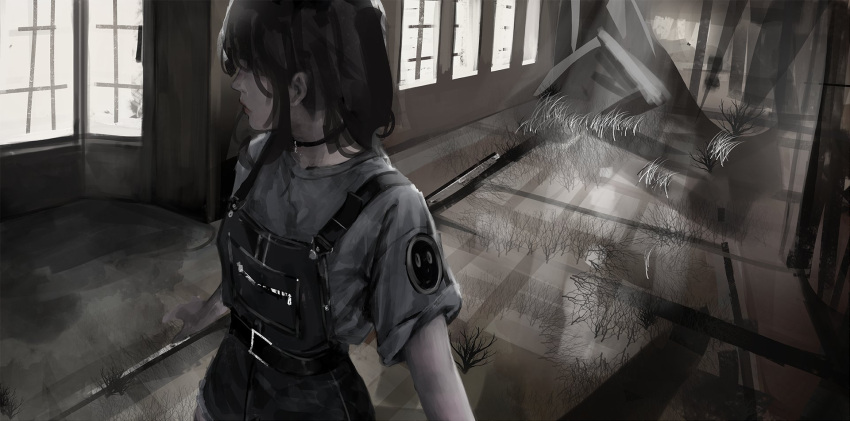 1girl belt black_hair black_overalls choker grey_shirt highres lips overalls pale_skin shal.e shirt solo window