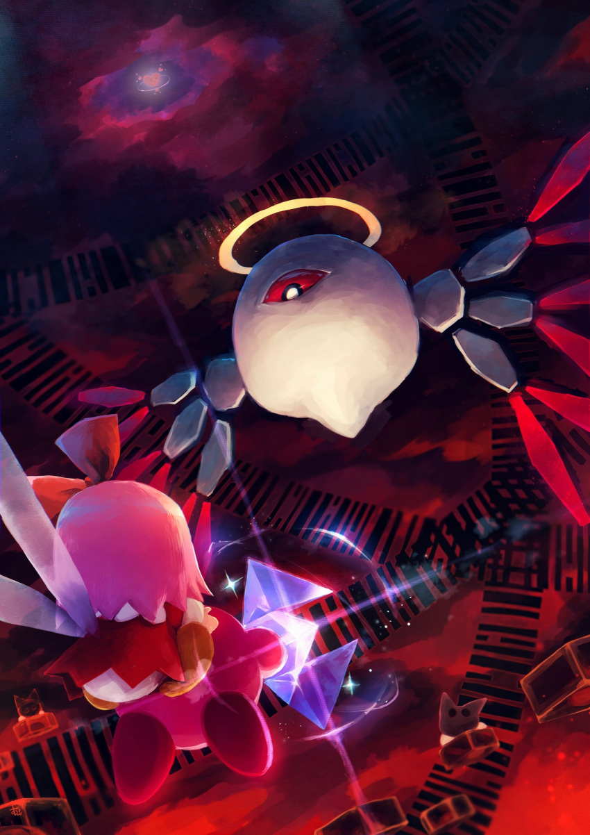 barcode cloud dark_clouds fairy fairy_wings flying from_behind glint gun halo highres holding holding_gun holding_weapon kirby kirby_(series) kirby_64 n-z one-eyed pink_hair red_eyes ribbon_(kirby) ripple_star short_hair suyasuyabi tail weapon wings zero_two_(kirby)