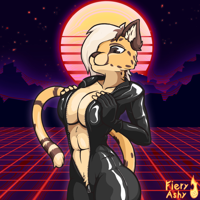 absurd_res anthro bodysuit breast_squish breasts cheetah cleavage clothed clothing felid feline female fieryashy fingerless_gloves glistening glistening_clothing gloves handwear hi_res inner_boob latex looking_at_viewer mammal outrun skinsuit solo squish sunset tight_clothing vaporwave zipper_down zipper_jumpsuit