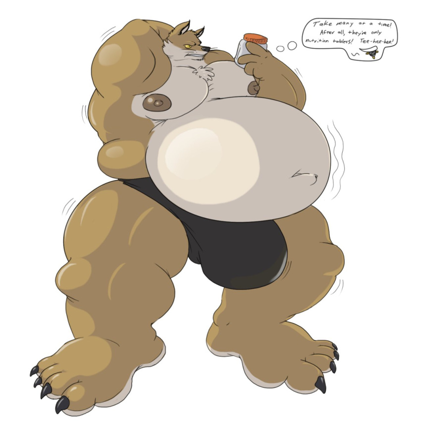 4_toes anthro belly belly_expansion big_belly big_bulge big_muscles big_nipples big_pecs black_nose bleach_(series) bottle brown_body brown_fur brown_nipples bulge canid canine canis chest_tuft claws eggo21 english_text expansion feet fur growth hand_behind_head hi_res holding_bottle holding_object huge_bulge huge_muscles hyper hyper_bulge love_handles male mammal moobs motion_lines muscle_growth musclegut muscular muscular_anthro muscular_male navel nipples overweight overweight_anthro overweight_male pecs sajin_komamura sequence simple_background solo standing teeth text thought_bubble toes tuft weight_gain white_background white_belly wolf yellow_sclera