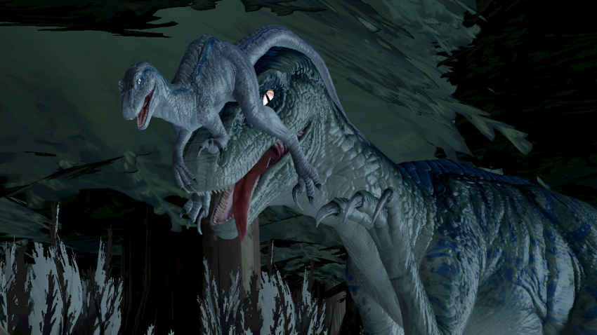 beta_(jurassic_world) bluelover1987 delta_(jurassic_world) dinosaur dromaeosaurid female female/female feral gesture jurassic_park jurassic_world looking_at_viewer mother open_mouth parent reptile scalie sharp_teeth smile teeth theropod tongue tongue_out universal_studios velociraptor waving