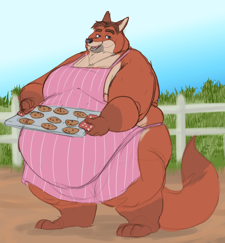 2022 anthro apron belly big_belly biped black_nose canid canine captainjusticevirtsuoso clothing cookie disney food fox gideon_grey hi_res humanoid_hands male mammal obese obese_male orange_body outside overweight overweight_male solo zootopia