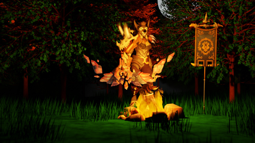 anthro armor banner blender_(software) blizzard_entertainment bow_(disambiguation) campfire canid canine canis female fire forest fur hi_res mammal moon multicolored_body multicolored_fur night plant solo toxik_enzis tree two_tone_body two_tone_fur video_games warcraft were werecanid werecanine werewolf wolf worgen
