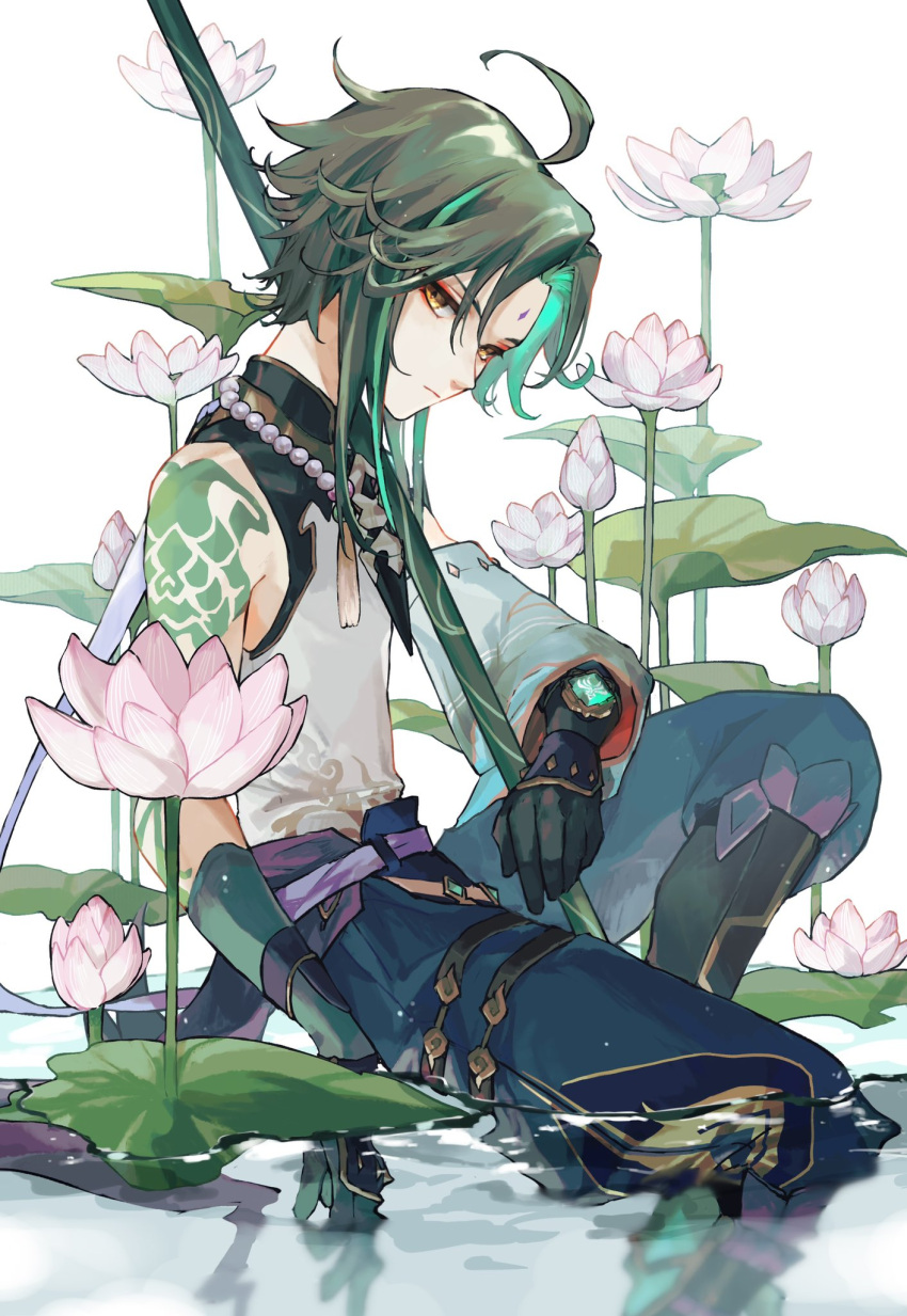 1boy ahoge arm_tattoo armor asymmetrical_clothes bangs bead_necklace beads black_gloves detached_sleeves eyeshadow facial_mark flower forehead_mark genshin_impact gloves green_gloves green_hair highres jewelry makeup male_focus multicolored_hair necklace parted_bangs primordial_jade_winged-spear_(genshin_impact) red_eyeshadow shiraishi_(siraisi00) short_hair_with_long_locks sidelocks single_bare_shoulder single_detached_sleeve solo tassel tattoo two-tone_hair vision_(genshin_impact) water white_flower wide_sleeves xiao_(genshin_impact) yellow_eyes