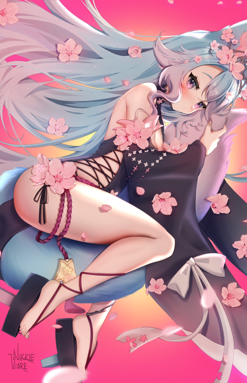 1girl absurdres animal_ears artist_name blue_hair breasts cleavage commission expressionless feet floating_hair flower from_side geta highres japanese_clothes long_hair looking_at_viewer multicolored_hair nikkie_viore pink_background pink_flower purple_eyes silvervale solo tail tengu-geta thighhighs very_long_hair virtual_youtuber vshojo wolf_ears wolf_girl wolf_tail