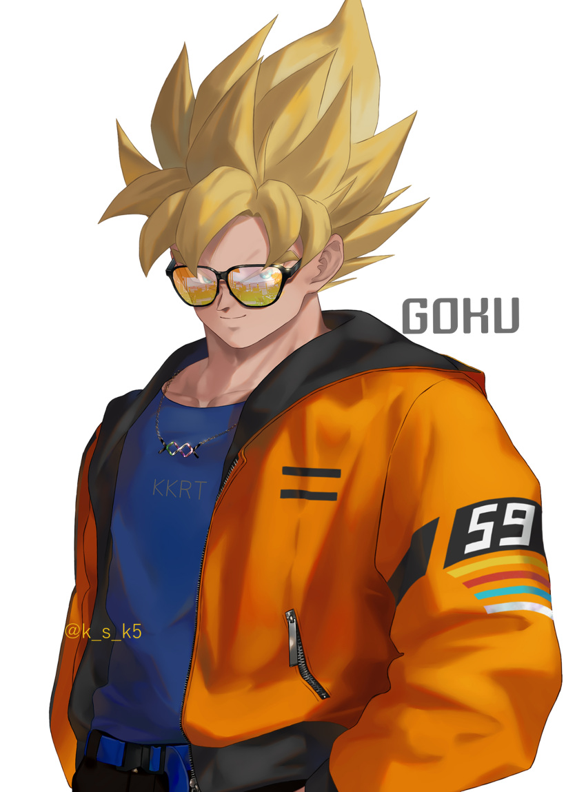 1boy absurdres blonde_hair blue_shirt character_name closed_mouth dragon_ball dragon_ball_z eyes_visible_through_eyewear green_eyes highres jacket jewelry ksuke_(k-taro31) male_focus necklace open_clothes open_jacket orange_jacket shirt short_hair simple_background smile solo son_goku spiked_hair sunglasses super_saiyan super_saiyan_1 twitter_username upper_body white_background