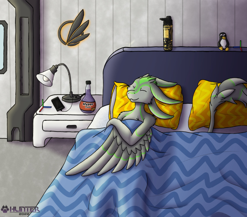 1nfer0 2022 4_ears aaron_(avali) absurd_res avali avalon_(avali) avian bed bedroom blue_blanket eyes_closed feathers furniture furniture_lamp green_body green_feathers green_head grey_arms grey_body grey_feathers grey_head grey_tail grey_tail_feathers grey_tail_tuft grey_wings hi_res hyper_potion lamp linus_tech_tips male multi_ear on_bed phone pillow potion sleeping solo tail_tuft tuft tux_the_penguin under_covers water_bottle white_wall winged_arms wings yellow_pillow