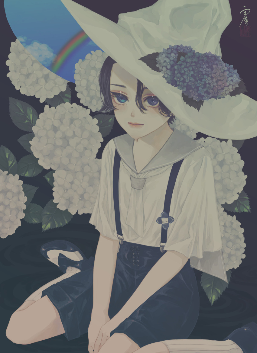 1boy absurdres androgynous between_legs bishounen black_footwear black_hair black_shorts blue_eyes blue_flower blue_sky closed_mouth cloud collared_shirt commentary eyelashes flower hair_between_eyes hand_between_legs hat hat_flower high-waist_shorts highres hydrangea image_fill leaf looking_at_viewer male_focus neckerchief rainbow ripples sailor_collar seal_impression shirt shoes short_hair short_sleeves shorts signature sitting sky socks suspenders two-tone_footwear ushiyama_ame v_arms wariza water white_flower white_footwear white_headwear white_legwear white_neckerchief white_sailor_collar white_shirt