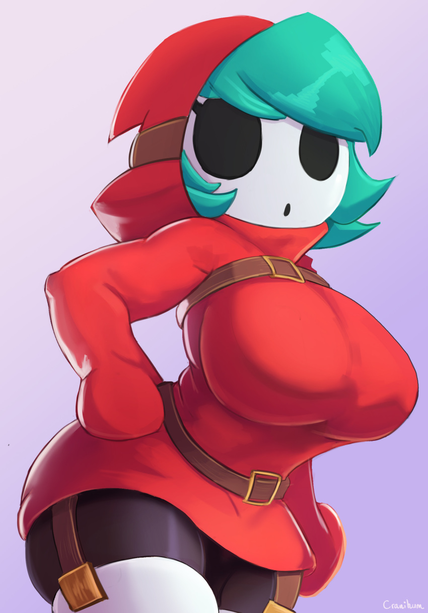 1girl absurdres belt black_legwear blue_hair breasts cranihum gloves highres large_breasts looking_at_viewer mario_(series) mask red_gloves red_hood shortstack shy_gal thick_thighs thighs