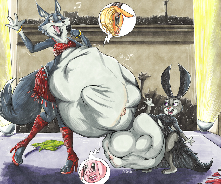 angry antelope belly belly_to_belly big_belly boots bottomwear bovid breasts canid canine canis clothing clothing_theft crop_top crossover crowd discarded_clothing disney domestic_pig duo_focus evening_gown female female_pred female_prey footwear frilly gazelle gazelle_(zootopia) group hair hair_over_eye high_heels holding_microphone holding_object illumination_entertainment judy_hopps killboo knee_boots knee_highs lagomorph legwear leporid mammal medium_breasts microphone midriff musical_note navel one_eye_obstructed open_mouth oral_vore outie_navel porsha_crystal rabbit rosita_(sing) rumbling_stomach running_mascara shirt sing_(movie) sing_2 singing size_difference skirt small_breasts stage struggling suid suina sus_(pig) toeless_footwear topwear vore wolf zootopia