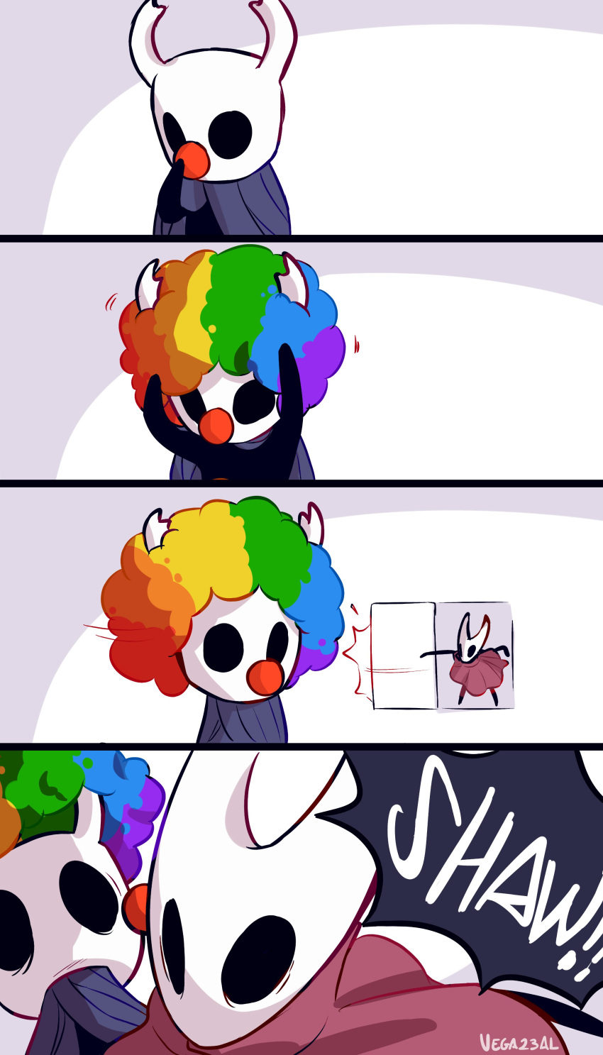 2022 absurd_res afro ambiguous_gender anthro arthropod being_watched black_eyes clothing clown_nose comic dialogue duo english_text female hair hi_res hollow_knight hornet_(hollow_knight) looking_at_another motion_lines multicolored_hair protagonist_(hollow_knight) rainbow_hair signature speech_bubble team_cherry text vega23al vessel_(species) video_games walk-in