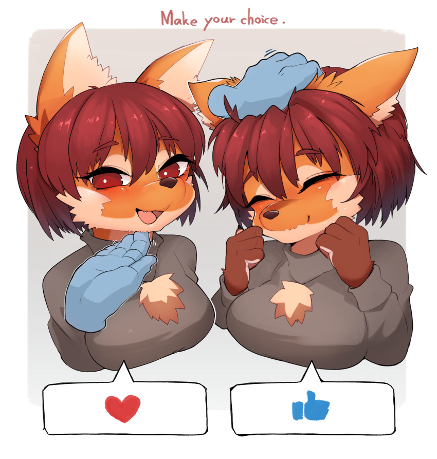 &lt;3 2022 4_fingers absurd_res anthro anthro_focus blush breasts brown_body brown_eyes brown_fur brown_hair brown_nose bust_portrait canid canine clothing cute_fangs disembodied_hand duo english_text eyes_closed female female_focus fingers fur hair happy head_pat hi_res kemono looking_at_viewer mammal maned_wolf multicolored_body multicolored_fur multiple_images open_mouth orange_body orange_fur petting portrait short_hair smile solo_focus sweater tan_body tan_fur text tongue topwear yellowparrottw