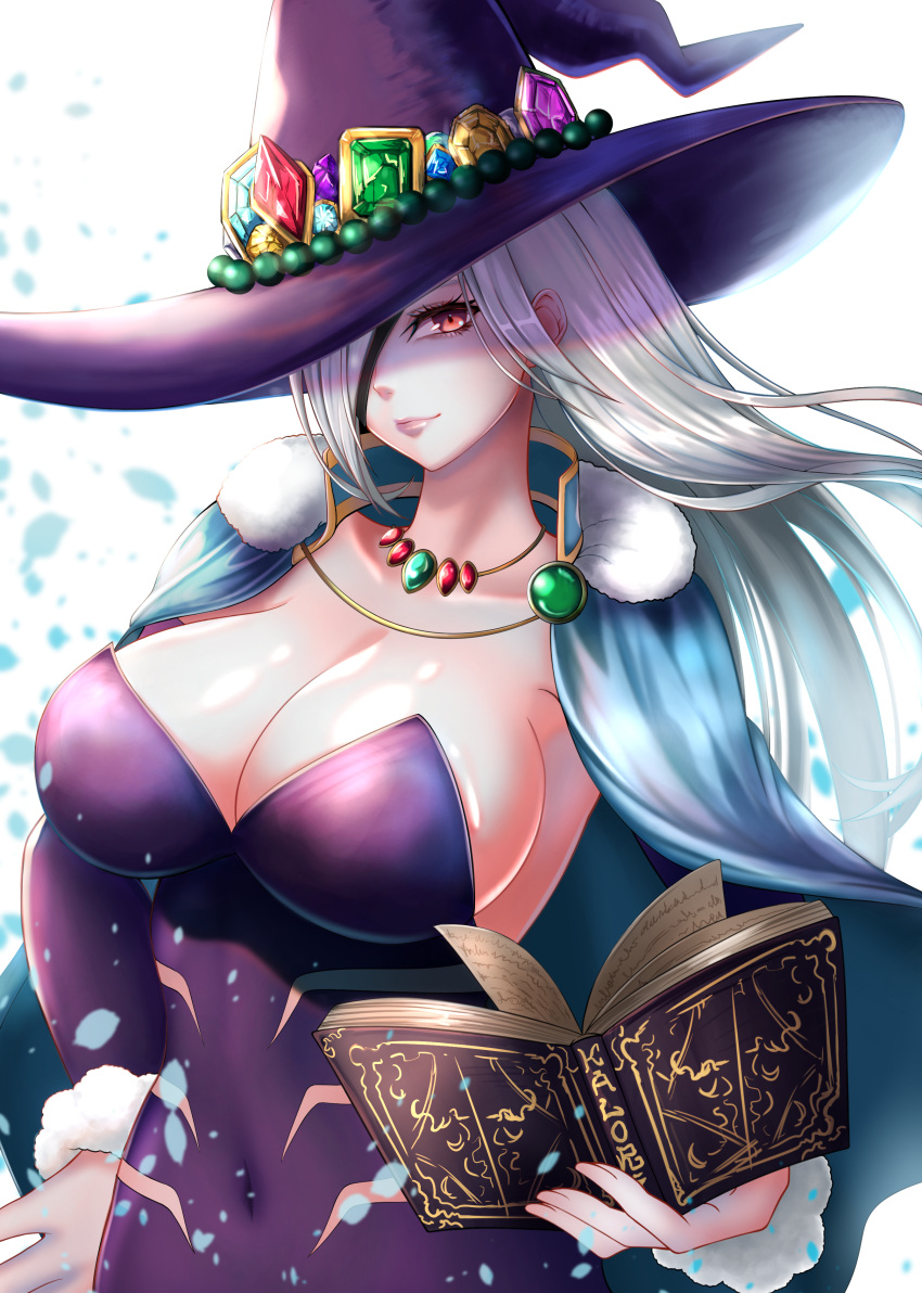 1girl 2.5_jigen_no_ririsa absurdres amano_ririsa beads book breasts cape closed_mouth collarbone commentary covered_navel eyepatch fur_trim gem grey_hair hat highres holding holding_book huge_breasts jewelry kangaruu_(momotk1109) large_hat long_hair looking_at_viewer necklace open_book petals quartz_(gemstone) red_eyes simple_background smile solo upper_body white_background witch_hat