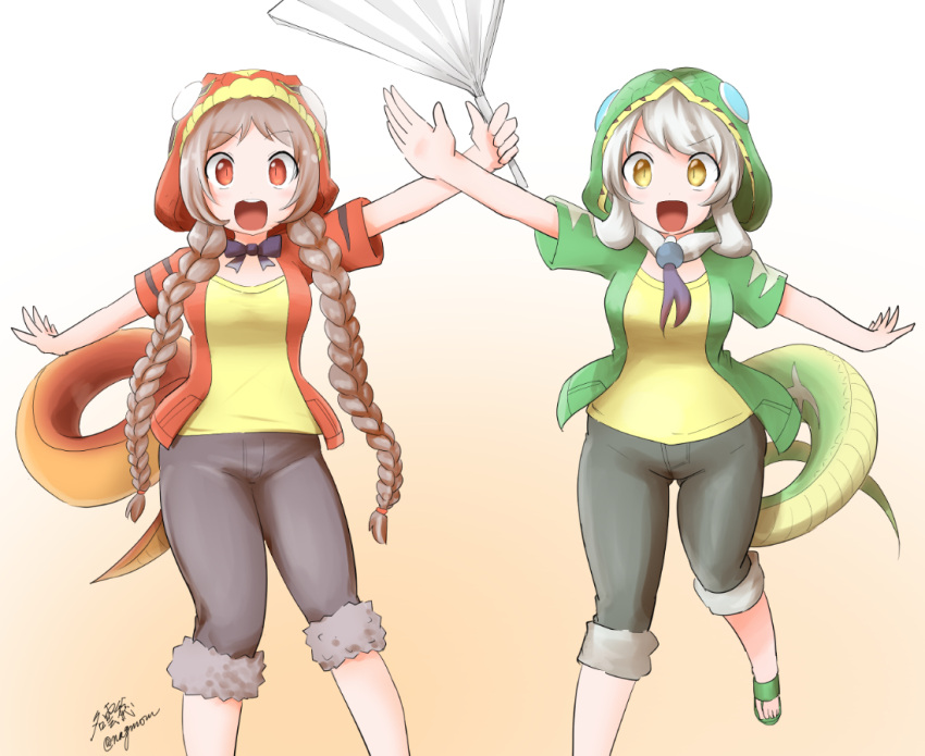 2girls amazon_tree_boa_(kemono_friends) blue_necktie braid capri_pants commentary_request denim emerald_tree_boa_(kemono_friends) eyebrows_visible_through_hair fur_trim green_footwear green_hoodie hair_rings hood hood_up hoodie jeans kemono_friends long_hair multiple_girls necktie open_clothes open_hoodie open_mouth pants red_eyes red_hoodie sandals shirt short_hair short_sleeves taurine_8000mg twin_braids white_hair yellow_eyes yellow_shirt