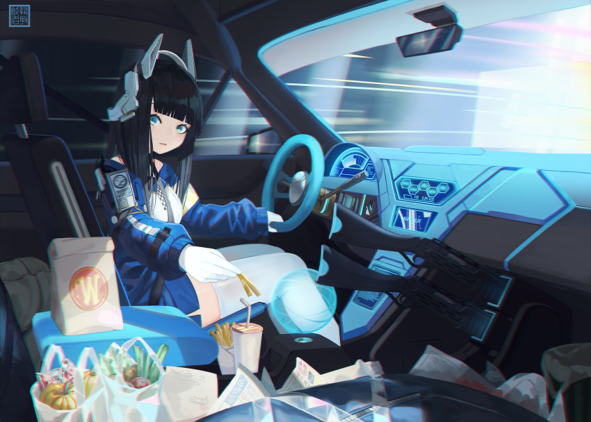 1girl absurdres bag bendy_straw black_hair breasts car_interior chromatic_aberration commentary_request cup disposable_cup drinking_straw driving fast_food food french_fries gloves green_eyes gun headgear highres holding holding_food hologram long_hair long_sleeves looking_at_viewer medium_breasts natori_youkai original paper_bag parted_lips plastic_bag puffy_long_sleeves puffy_sleeves qr_code shirt shotgun sitting sleeves_past_wrists smile solo thighhighs weapon white_gloves white_legwear white_shirt