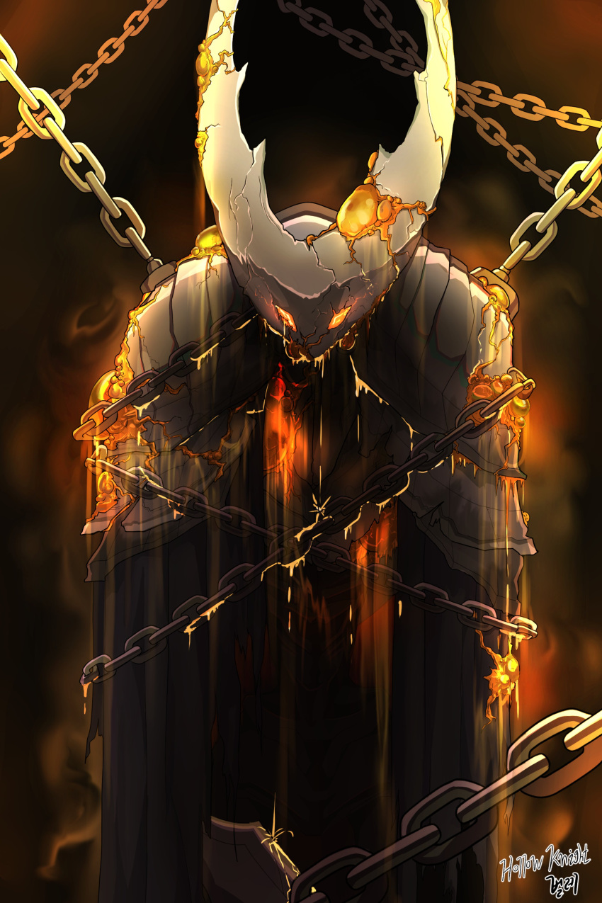 absurdres chain crack dripping glowing glowing_eyes highres hollow_knight hollow_knight_(character) looking_at_viewer no_humans orange_theme rusellunt solo upper_body