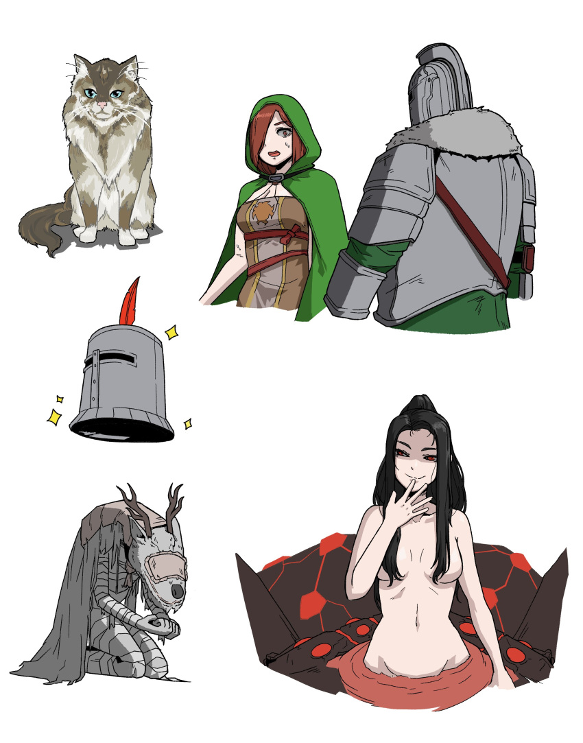 2boys 2girls absurdres armor arthropod_girl bloodborne breasts breasts_apart cape cat chaos_witch_quelaag character_request dark_souls_(series) dark_souls_i dark_souls_ii emerald_herald feathers green_cape hand_up highres hood medium_breasts multiple_boys multiple_girls navel red_feathers rusellunt simple_background solaire_of_astora spider_girl sweet_shalquoir topless vicar_amelia white_background