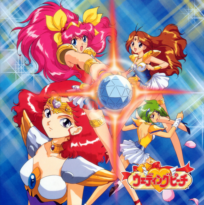 1990s_(style) 4girls ai_tenshi_densetsu_wedding_peach angel_daisy angel_lily angel_salvia armor bangs blue_eyes blue_footwear bracelet brown_hair choker earrings expressionless floating_hair green_eyes green_hair hanasaki_momoko high_heels highres holding holding_wand jewelry logo long_hair magical_girl miniskirt multiple_girls non-web_source official_art open_mouth outstretched_arm pauldrons petals pink_hair red_eyes red_hair retro_artstyle scarlet_ohara short_hair shoulder_armor skirt stud_earrings tamano_hinagiku tanima_yuri thighlet tiara wand wedding_peach white_footwear white_skirt