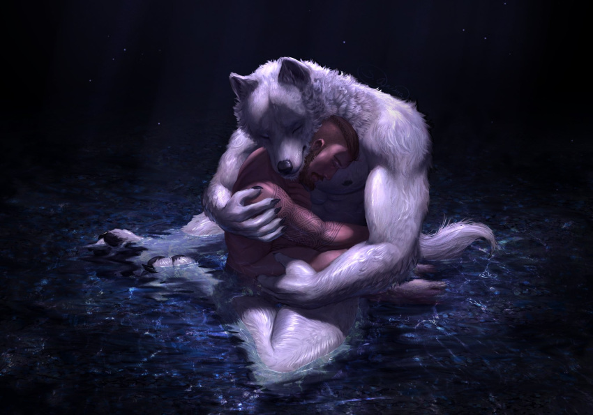 anthro arm_tattoo athletic athletic_anthro beard black_background black_claws black_nose black_pawpads canid canine canine_ears canis claws cradling cuddling digital_media_(artwork) duo ears_front embrace eyes_closed facial_hair fur hi_res holding_partner human intimate light light_beam male male/male mammal mohawk muscular muscular_male mustache nude nuzzling partially_submerged partially_submerged_tail pawpads protective reflection s_anima simple_background sitting sitting_on_ground tattoo tender tenderness water wet wet_body wet_fur white_body white_fur white_skin wolf
