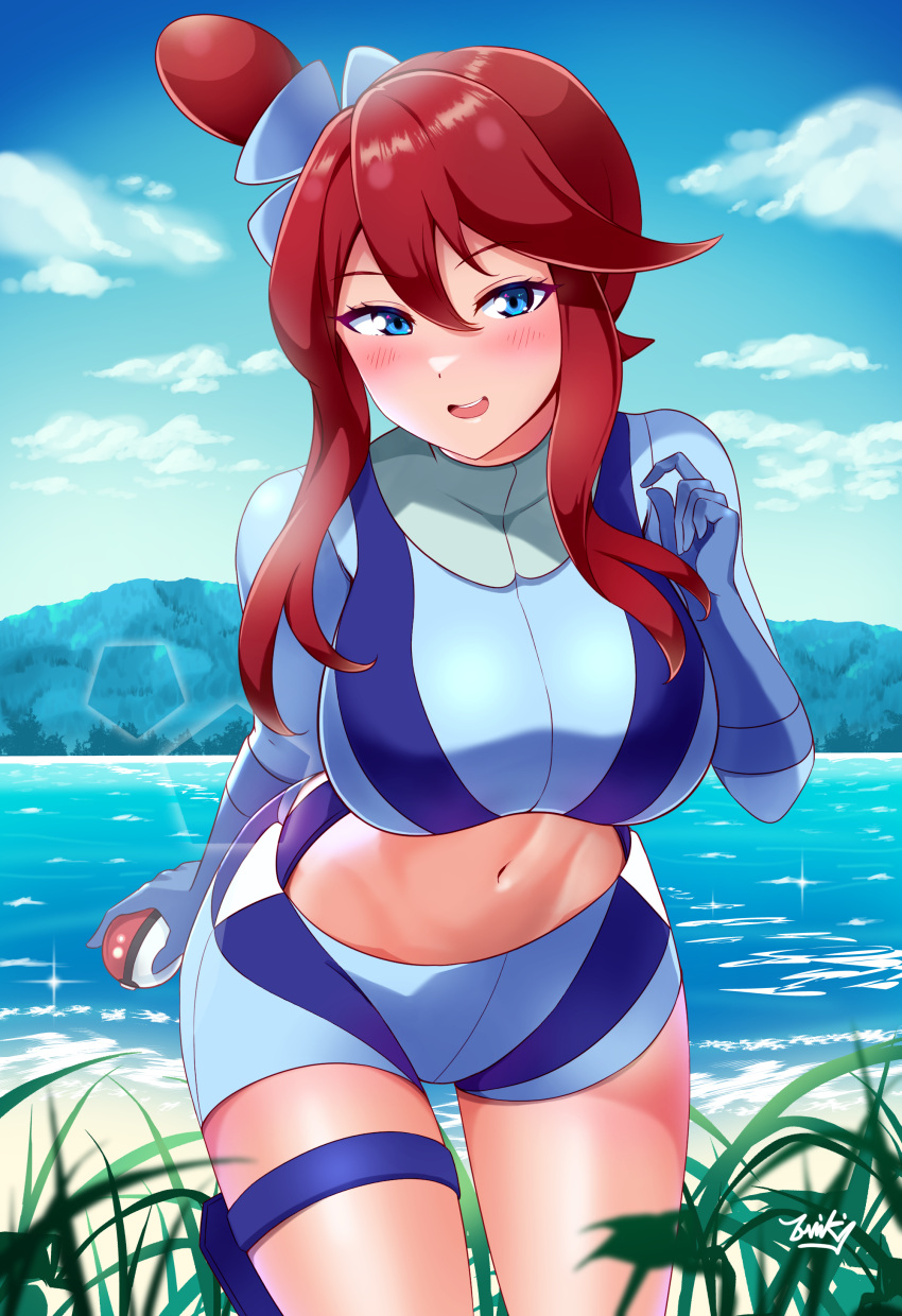 1girl absurdres blue_eyes blush breasts cowboy_shot crop_top diffraction_spikes eyebrows_visible_through_hair gloves grass hair_between_eyes highres large_breasts leaning_forward long_sleeves looking_at_viewer midriff navel open_mouth outdoors poke_ball pokemon pokemon_(game) pokemon_bw red_hair short_shorts shorts sidelocks sky skyla_(pokemon) smile solo tsumikiy water