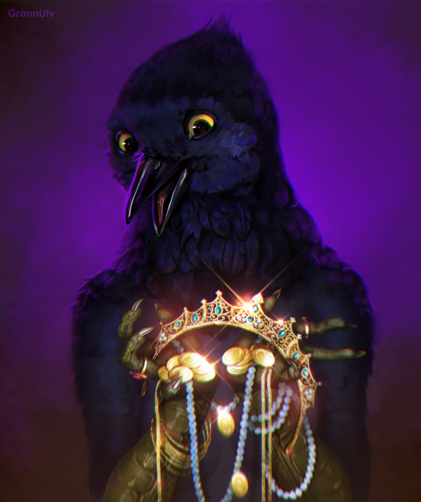 anthro avian beak bird black_beak black_body black_feathers bracelet claws coin feathers female gem gold_(metal) gold_bracelet gold_coin gold_jewelry gold_tiara grackle gronnulv hi_res icterid jewelry necklace oscine passerine pearl_(gem) pearl_necklace portrait red_tongue solo tongue yellow_eyes yellow_hands