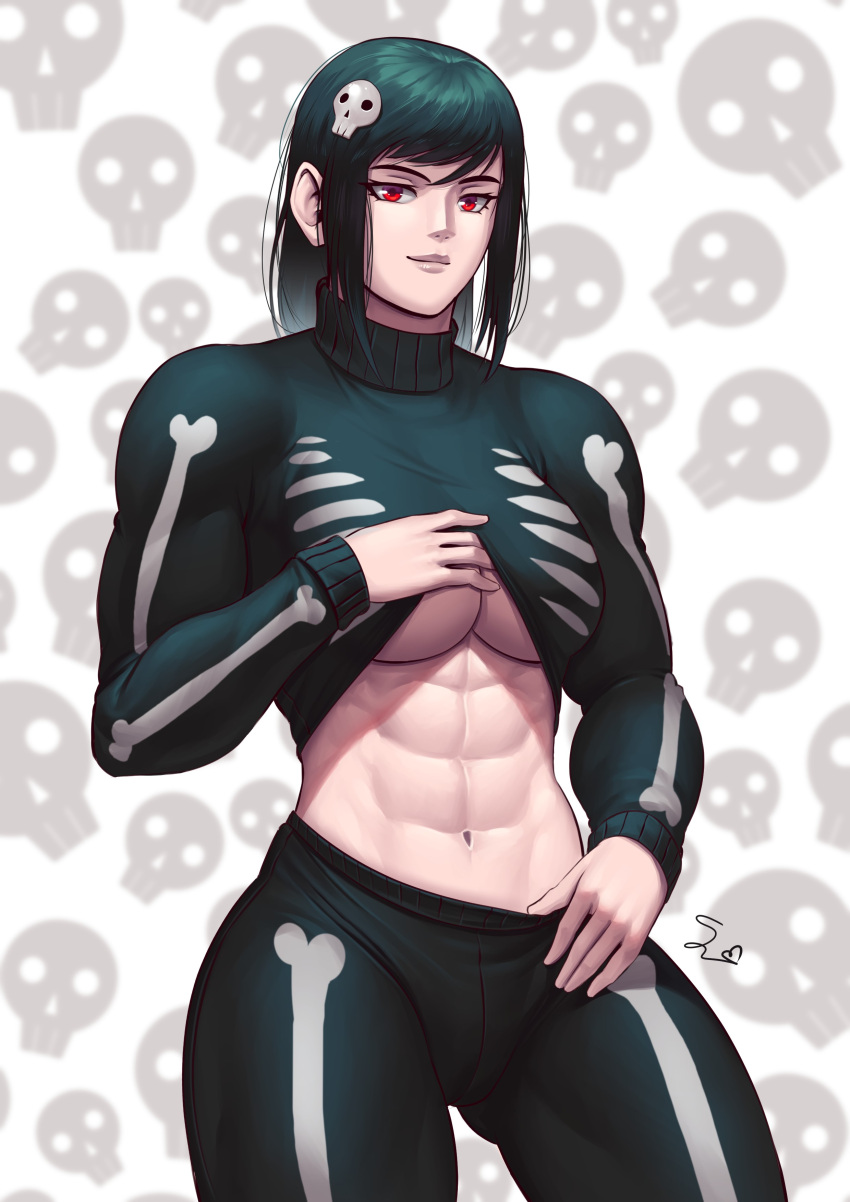 1girl abs absurdres black_hair breasts clothes_lift highres long_sleeves looking_at_viewer muscular muscular_female original red_eyes shirt_lift short_hair skull smile solo speedl00ver sweater turtleneck turtleneck_sweater underboob