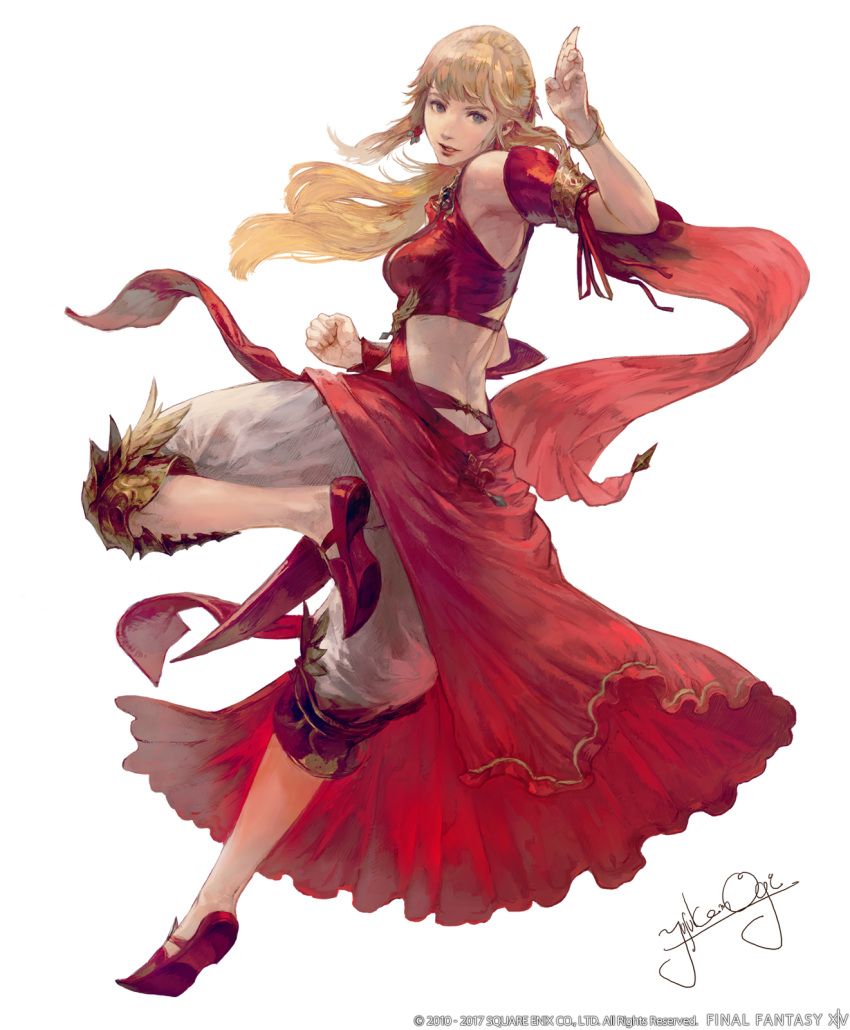 1girl artist_name bangs bare_shoulders blonde_hair blue_eyes bracelet clenched_hand clothing_cutout copyright copyright_name detached_sleeves dress earrings fighting_stance final_fantasy final_fantasy_xiv floating_hair full_body hand_up highres jewelry leg_up long_hair looking_at_viewer lyse_hext mogi_yuusuke monk_(final_fantasy) official_art open_mouth ponytail red_dress red_footwear salute shoes shorts sidelocks signature single_earring solo standing standing_on_one_leg stomach_cutout transparent_background two-finger_salute white_shorts