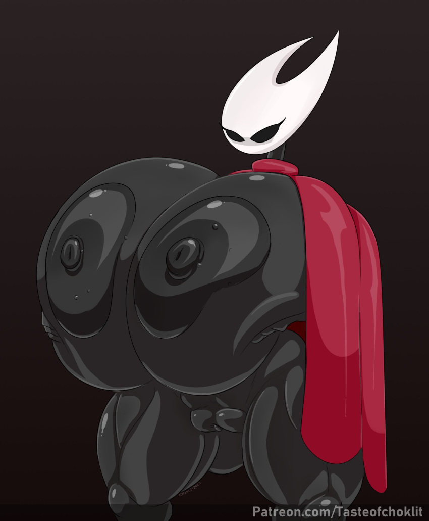 absurd_res anthro areola arthropod big_breasts black_areola black_body black_nipples breasts cloak clothing english_text female genitals hand_on_breast hi_res holding_breast hollow_knight hornet_(hollow_knight) huge_breasts hyper hyper_breasts insect narrowed_eyes nipples nude pussy solo tasteofchoklit team_cherry text thick_thighs url video_games