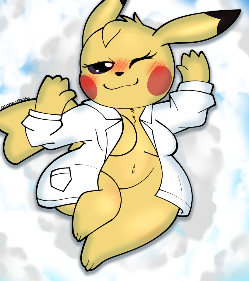 absurd_res blush bottomless breasts clothed clothing female hi_res nintendo one_eye_closed pikachu pok&eacute;mon pok&eacute;mon_(species) softestpuffss solo video_games yellow_body