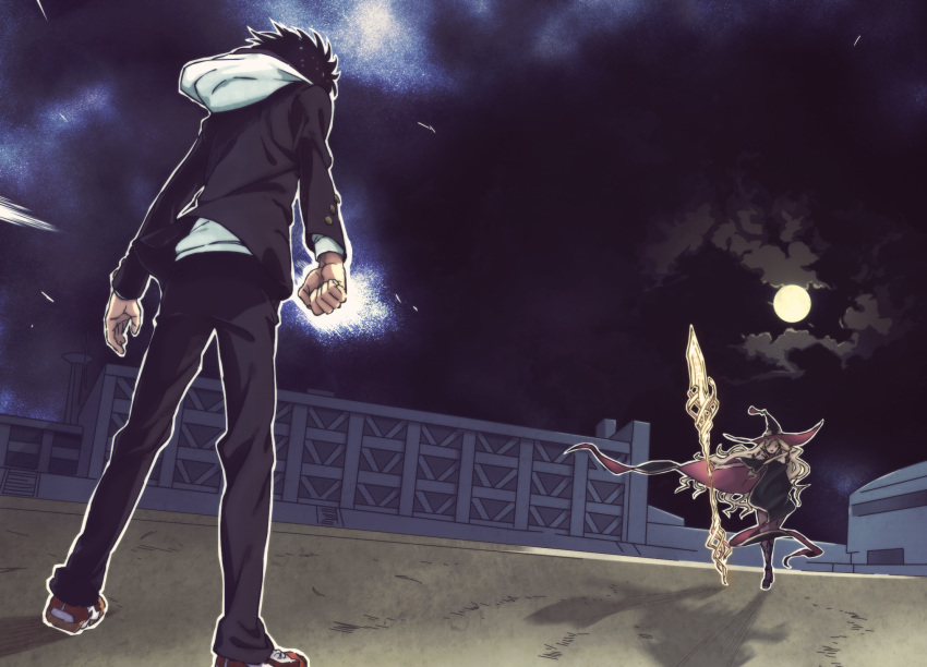 1boy 1girl black_footwear black_hair black_jacket black_pants blonde_hair building clenched_hand cloud cloudy_sky colorized commentary from_behind full_body full_moon gazing_eye glowing glowing_weapon gungnir_(toaru) haimura_kiyotaka highres holding holding_polearm holding_weapon hood hoodie jacket long_hair long_sleeves moon night night_sky no_eyes novel_illustration official_art outdoors outstretched_arm pants polearm shadow short_hair sky smile spear spiked_hair spoilers standing toaru_majutsu_no_index toaru_majutsu_no_index:_new_testament very_long_hair weapon white_hood white_hoodie