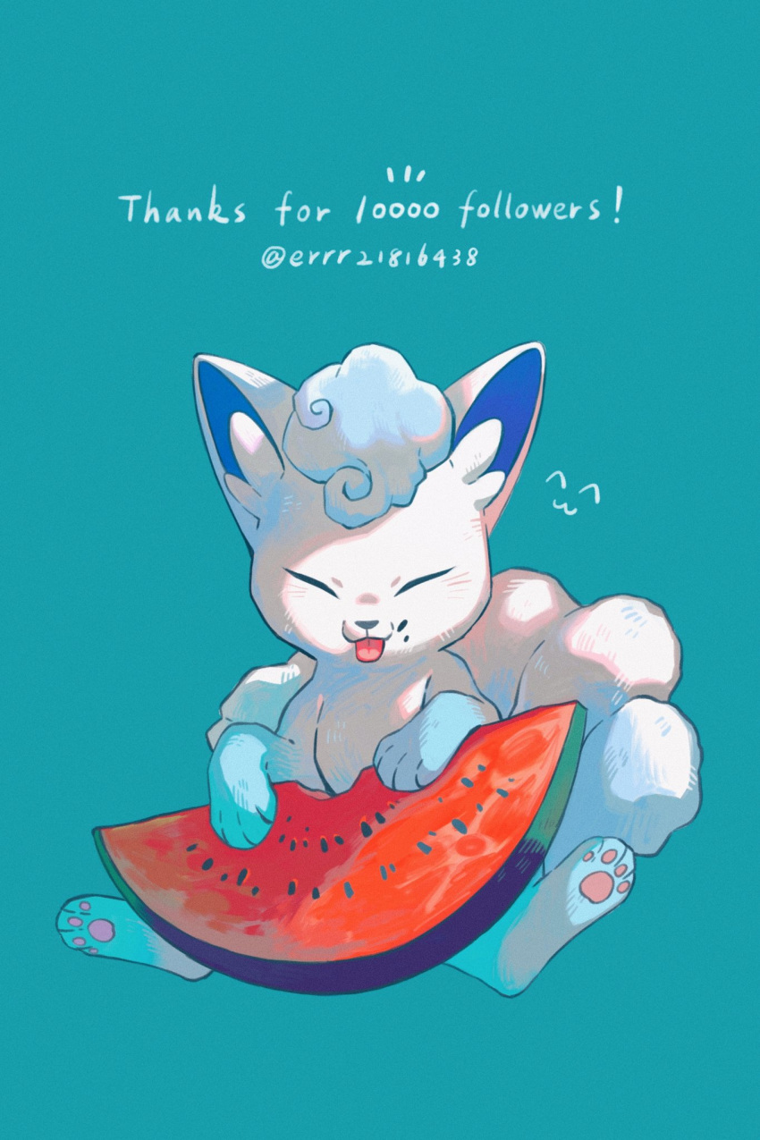 :3 ^_^ alolan_vulpix animal_focus artist_name bangs blue_background blue_hair blue_theme blush closed_eyes closed_mouth commentary emoticon food food_bite food_on_face fruit happy highres light_blush milestone_celebration no_humans notice_lines pawpads pokemon pokemon_(creature) short_hair signature simple_background sitting smile solo spread_legs straight-on thank_you tongue tongue_out twitter_username watermelon watermelon_seeds watermelon_slice wulie_errr