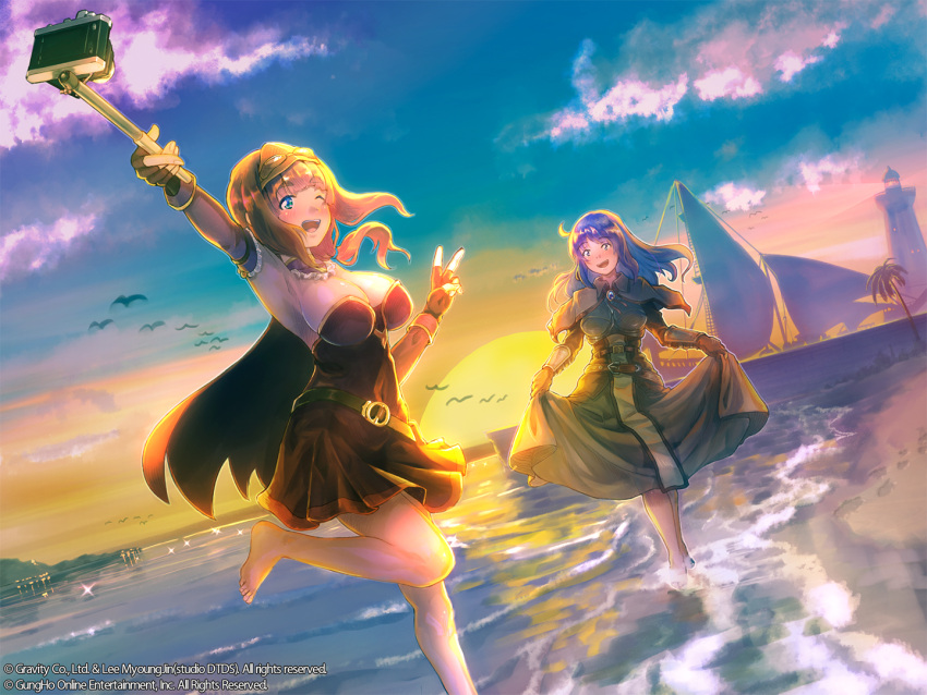 2girls alchemist_(ragnarok_online) bangs barefoot beach bird blue_eyes blush breasts brown_cape brown_capelet brown_dress brown_gloves brown_hair cape capelet chest_guard cleavage cloud collared_capelet commentary_request dress dutch_angle egnigem_cenia elbow_gloves eyebrows_visible_through_hair fingerless_gloves full_body gloves goggles goggles_on_head horizon large_breasts lighthouse long_hair multiple_girls ocean open_mouth outdoors palm_tree purple_hair ragnarok_masters ragnarok_online reihou19 selfie selfie_stick ship short_dress smile strapless strapless_dress sun sunset swordsman_(ragnarok_online) tree v water watercraft