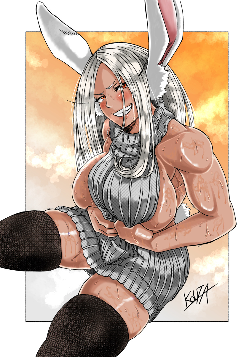 1girl absurdres animal_ears bare_shoulders boku_no_hero_academia breasts clutching_clothes dark-skinned_female dark_skin eyelashes grin highres kouta0726 large_breasts long_eyelashes long_hair looking_at_viewer meme_attire mirko muscular muscular_female rabbit_ears rabbit_tail red_eyes sideboob sidelocks signature sitting smile sweat tail thick_thighs thighs virgin_killer_sweater white_hair zettai_ryouiki