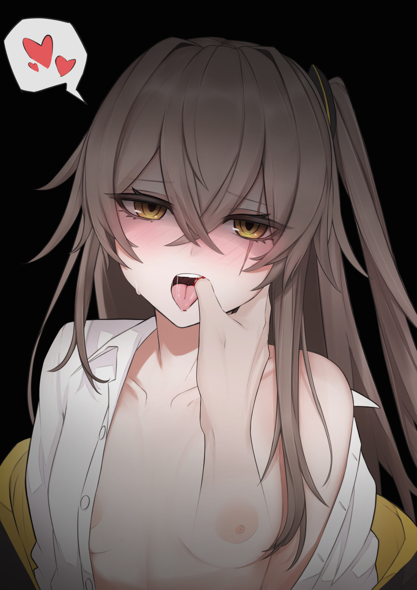 1girl absurdres bangs black_background blush breasts brown_eyes brown_hair collarbone eyebrows_visible_through_hair finger_in_another's_mouth girls'_frontline heart highres long_hair looking_at_viewer nipples open_clothes open_mouth open_shirt re1kirisaki342 saliva scar scar_across_eye shirt side_ponytail small_breasts solo teeth throat tongue ump45_(girls'_frontline) upper_body upper_teeth white_shirt
