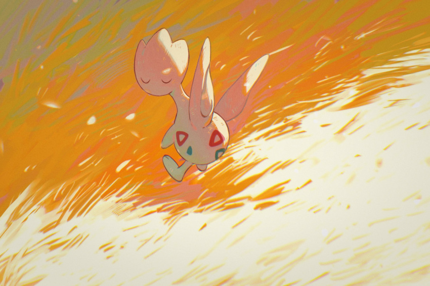 animal_focus backlighting closed_eyes commentary_request facing_viewer floating from_behind gradient gradient_background highres looking_back no_humans orange_background orange_theme pokemon pokemon_(creature) solo togetic u_u wulie_errr