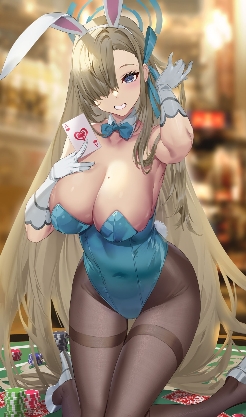 1girl absurdres animal_ears asuna_(blue_archive) asuna_(bunny)_(blue_archive) bangs bare_shoulders blue_archive blue_bow blue_bowtie blue_eyes blue_leotard blush bow bowtie breasts brown_legwear card cleavage covered_navel detached_collar elbow_gloves fake_animal_ears gloves grin hair_over_one_eye highleg highleg_leotard highres kneeling large_breasts leotard light_brown_hair long_hair looking_at_viewer mole mole_on_breast official_alternate_costume open_mouth pantyhose playboy_bunny playing_card poker_chip rabbit_ears smile solo thighs white_gloves yoshimoto_(dear_life)