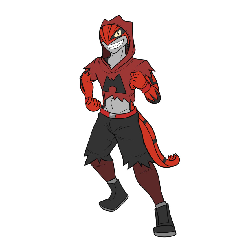 anthro anthrofied bottomwear clothed clothing crop_top cropped_hoodie footwear full-length_portrait fuze groudon grunt_(pok&eacute;mon) hi_res legendary_pok&eacute;mon magma_grunt male midriff navel nintendo pok&eacute;mon pok&eacute;mon_(species) pok&eacute;morph portrait shirt shoes shorts simple_background solo team_magma topwear video_games white_background